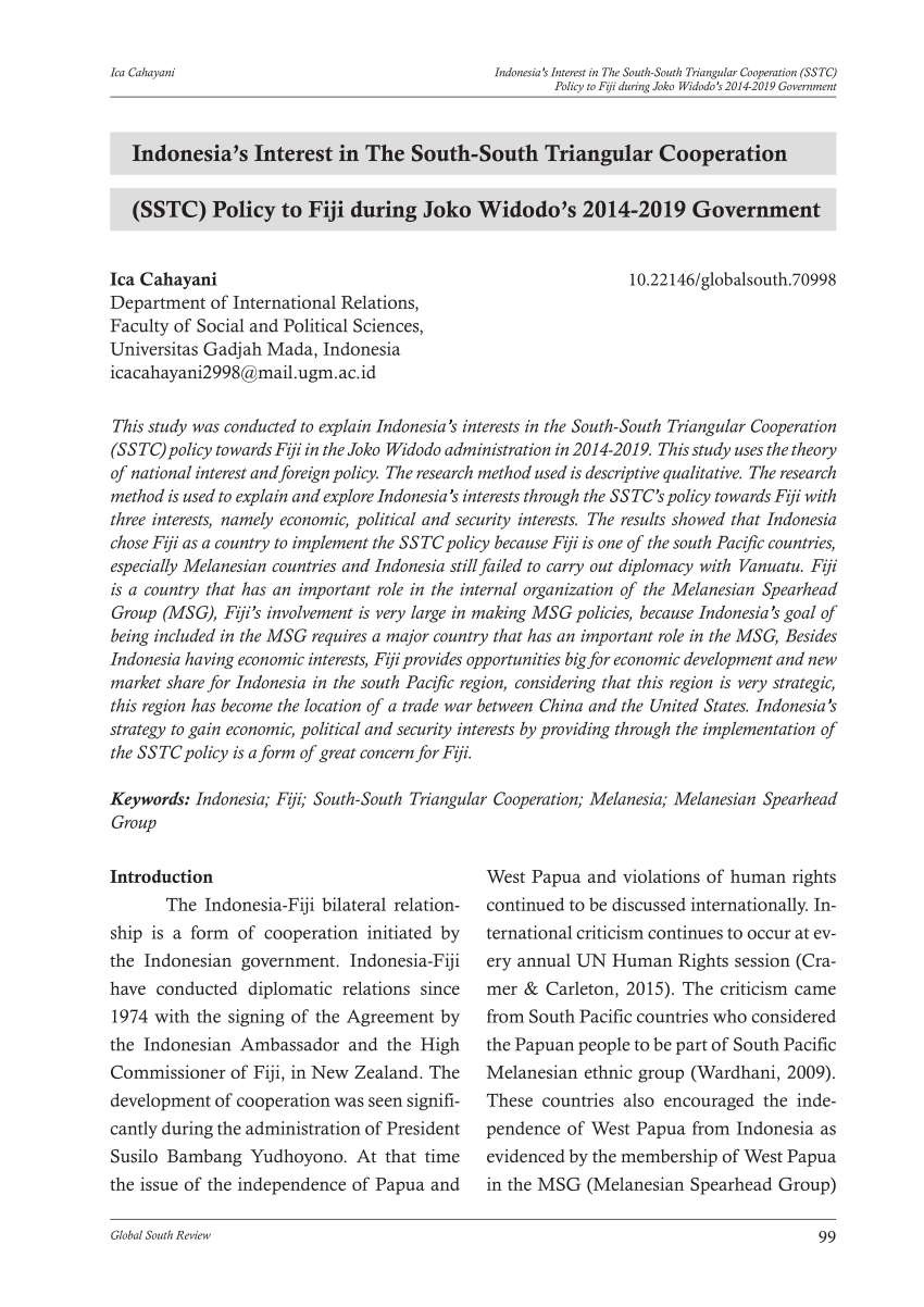 Pdf Indonesias Interest In The South South Triangular Cooperation Sstc Policy To Fiji 2365