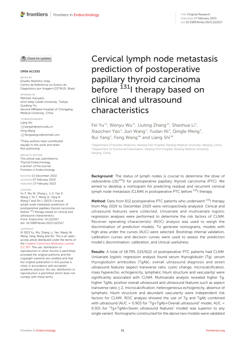 Pdf Cervical Lymph Node Metastasis Prediction Of Postoperative Papillary Thyroid Carcinoma 