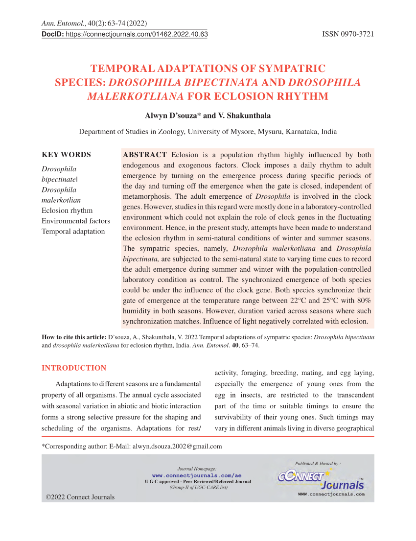 (PDF) TEMPORAL ADAPTATIONS OF SYMPATRIC SPECIES: DROSOPHILA BIPECTINATA