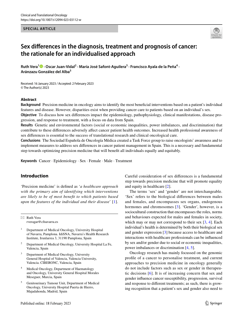 Pdf Sex Differences In The Diagnosis Treatment And Prognosis Of Cancer The Rationale For An 