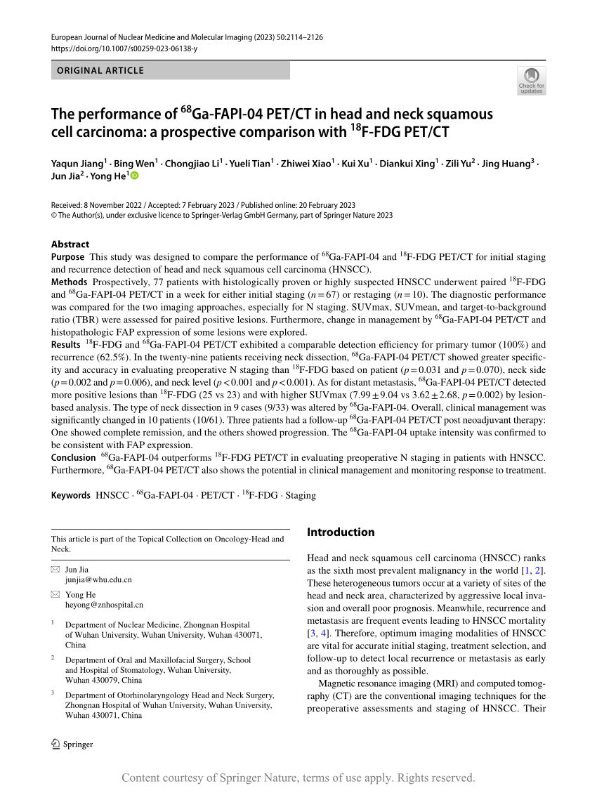 The Performance Of Ga Fapi Pet Ct In Head And Neck Squamous Cell Carcinoma A Prospective