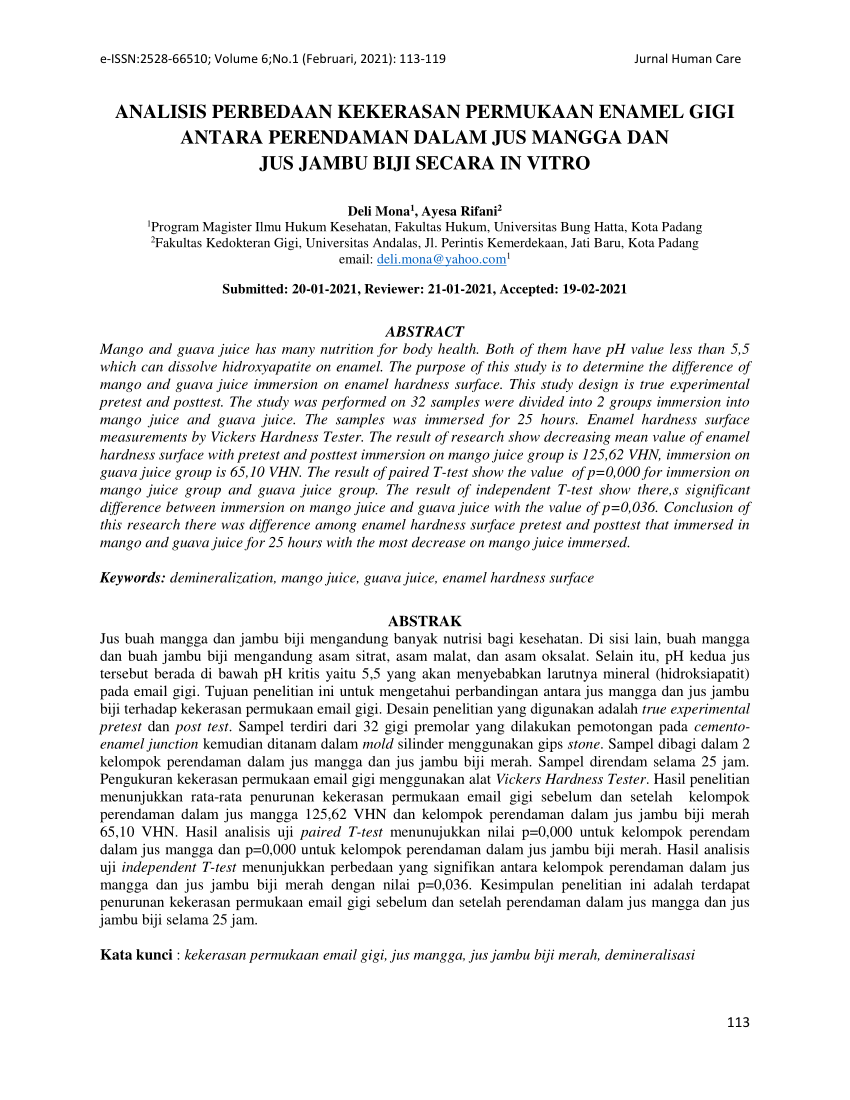 Pdf Analisis Perbedaan Kekerasan Permukaan Enamel Gigi Antara