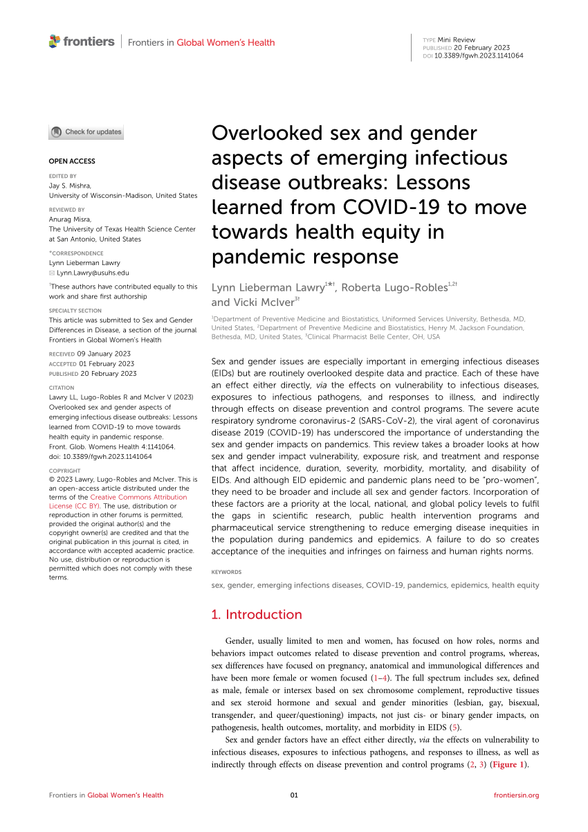 Pdf Overlooked Sex And Gender Aspects Of Emerging Infectious Disease Outbreaks Lessons 5513