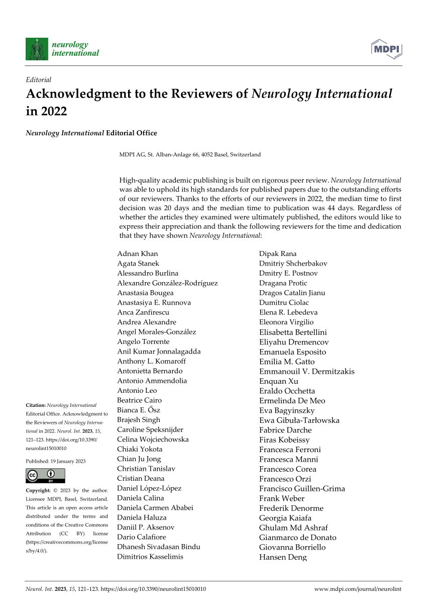 PDF Acknowledgment to the Reviewers of Neurology International in