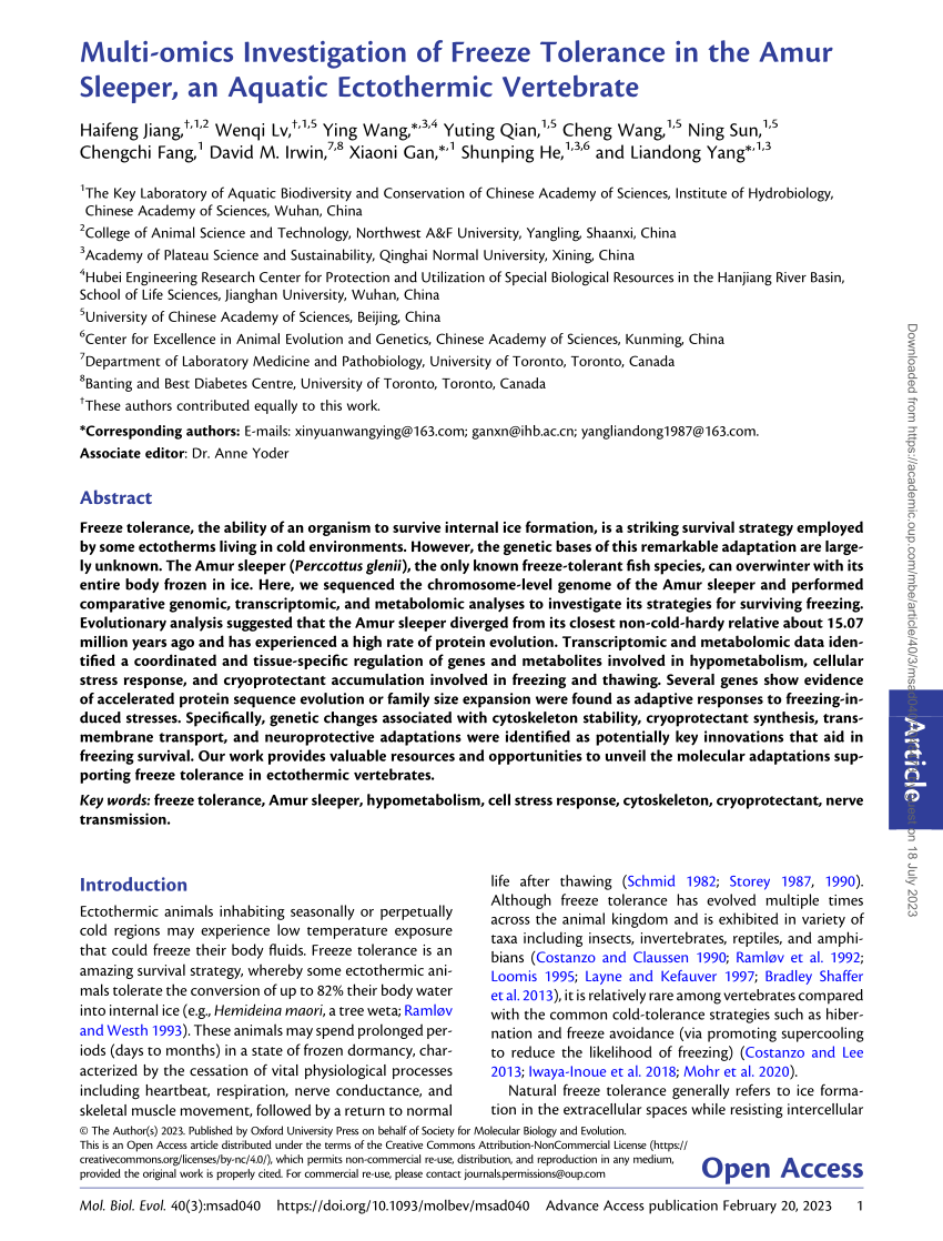 (PDF) Multi-omics Investigation of Freeze Tolerance in the Amur Sleeper