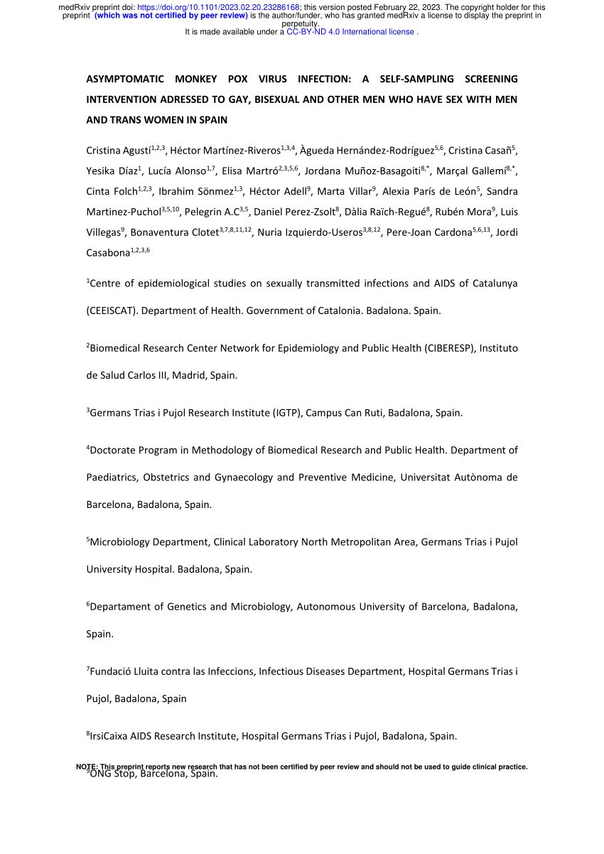 PDF) ASYMPTOMATIC MONKEY POX VIRUS INFECTION: A SELF-SAMPLING SCREENING  INTERVENTION ADRESSED TO GAY, BISEXUAL AND OTHER MEN WHO HAVE SEX WITH MEN  AND TRANS WOMEN IN SPAIN