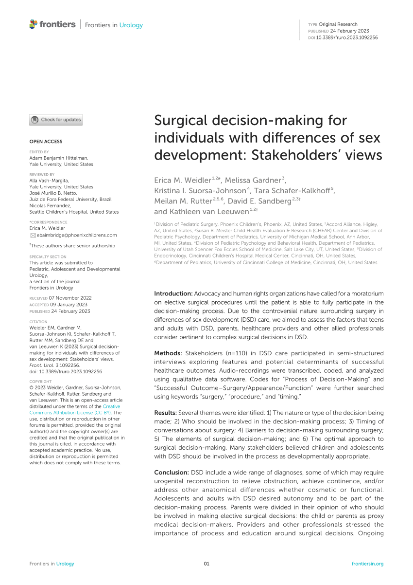 Pdf Surgical Decision Making For Individuals With Differences Of Sex Development Stakeholders 3812