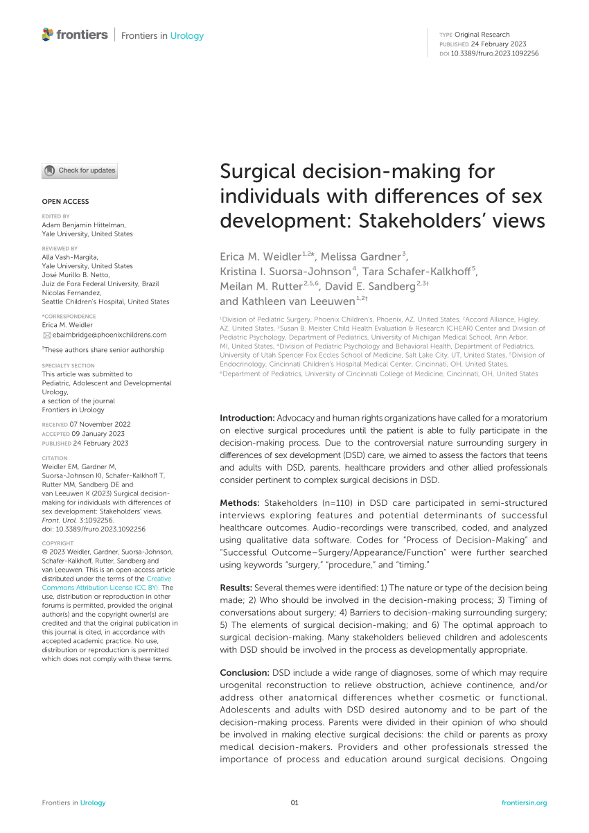 Pdf Surgical Decision Making For Individuals With Differences Of Sex Development Stakeholders 