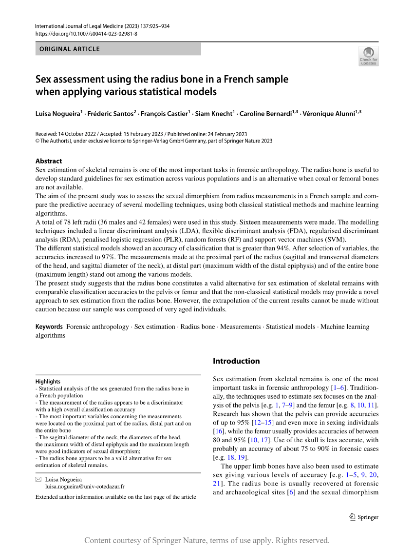 Sex Assessment Using The Radius Bone In A French Sample When Applying Various Statistical Models 8900