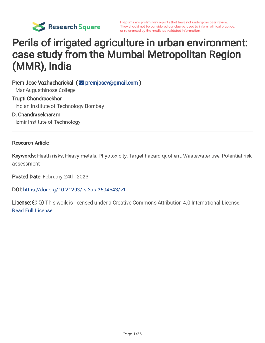 PDF) Perils of irrigated agriculture in urban environment: case study from  the Mumbai Metropolitan Region (MMR), India