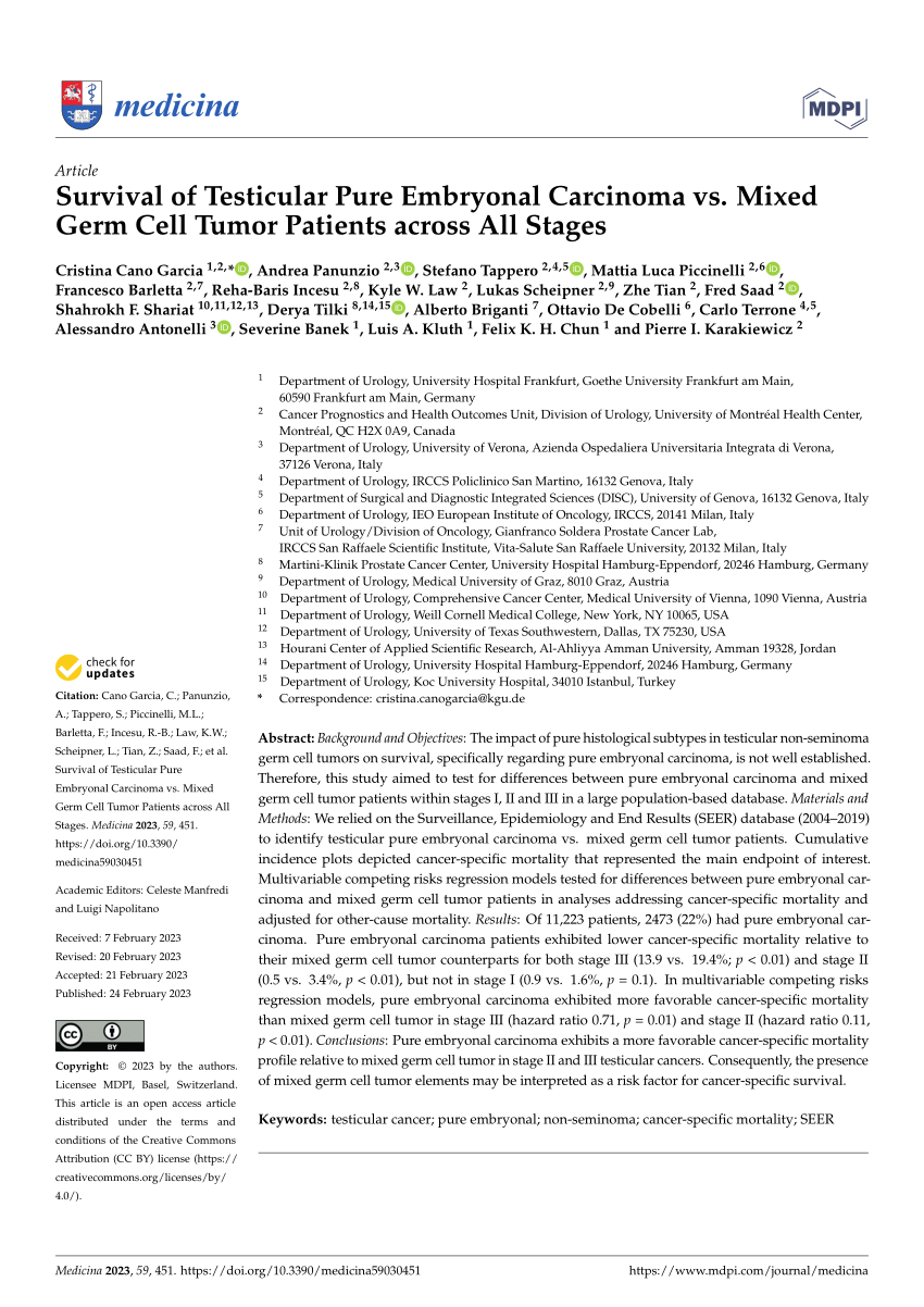 Pdf Survival Of Testicular Pure Embryonal Carcinoma Vs Mixed Germ Cell Tumor Patients Across 