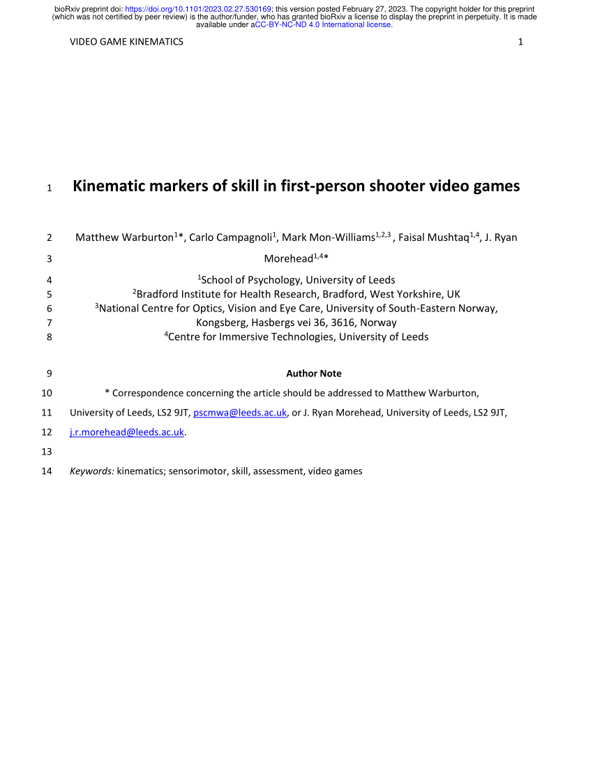 PDF) Kinematic markers of skill in first-person shooter video games