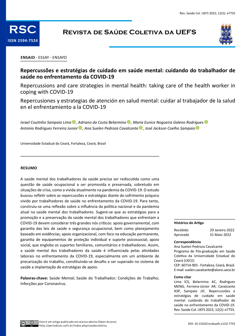 Pdf Repercussões E Estratégias De Cuidado Em Saúde Mental Cuidando Do Trabalhador De Saúde No