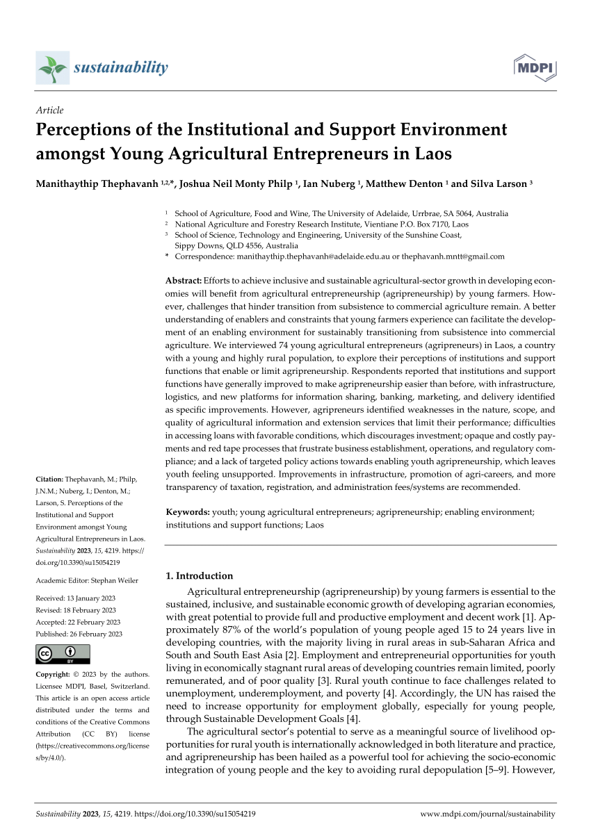 PDF) Perceptions of the Institutional and Support Environment amongst Young  Agricultural Entrepreneurs in Laos