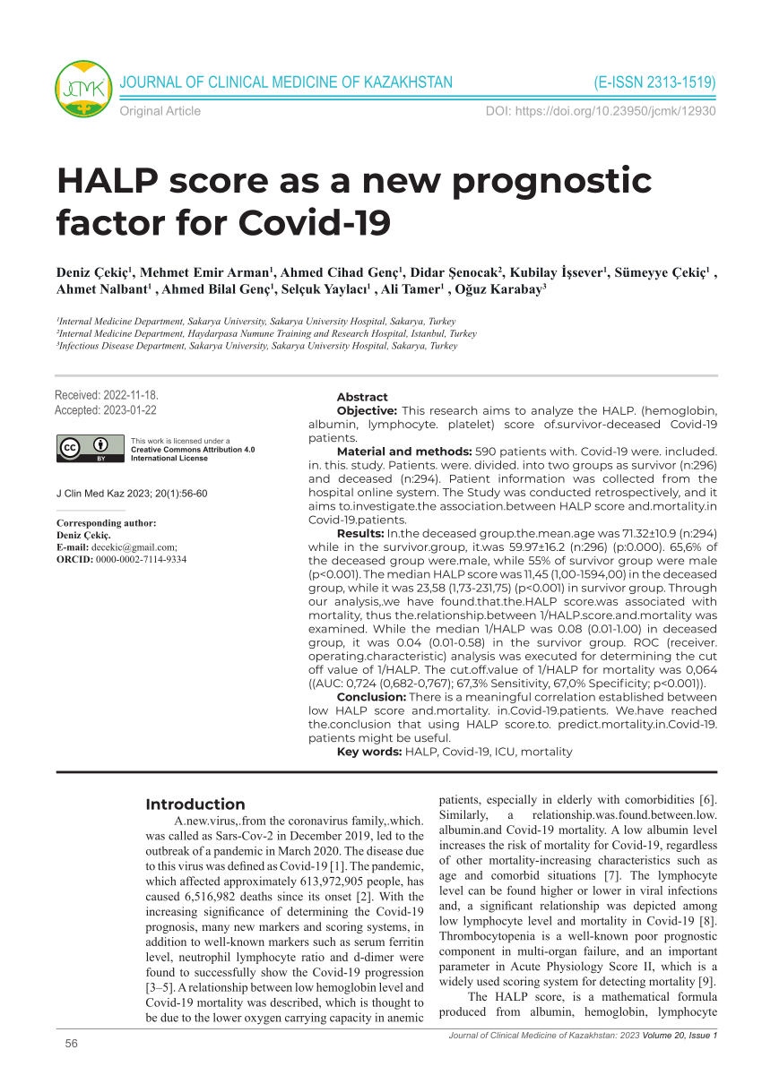 PDF HALP score as a new prognostic factor for Covid 19 