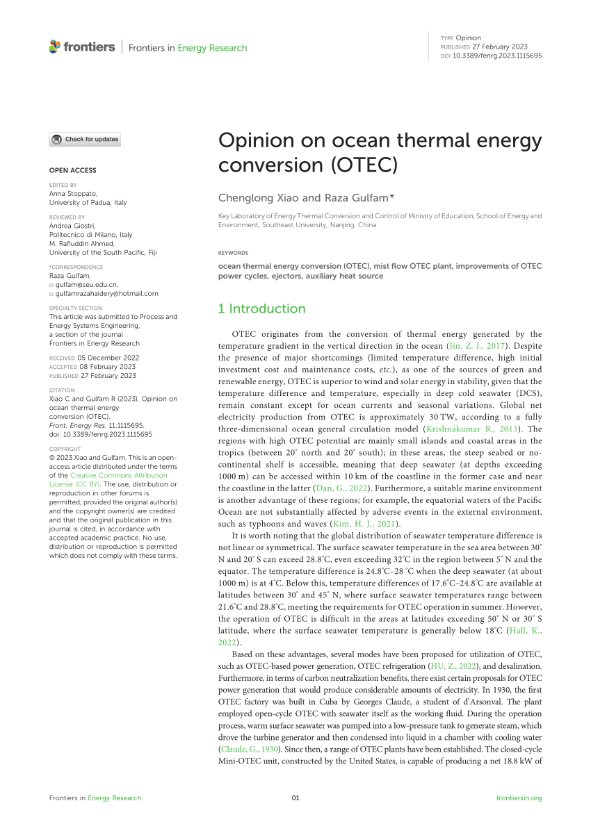 Pdf Opinion On Ocean Thermal Energy Conversion Otec 0209