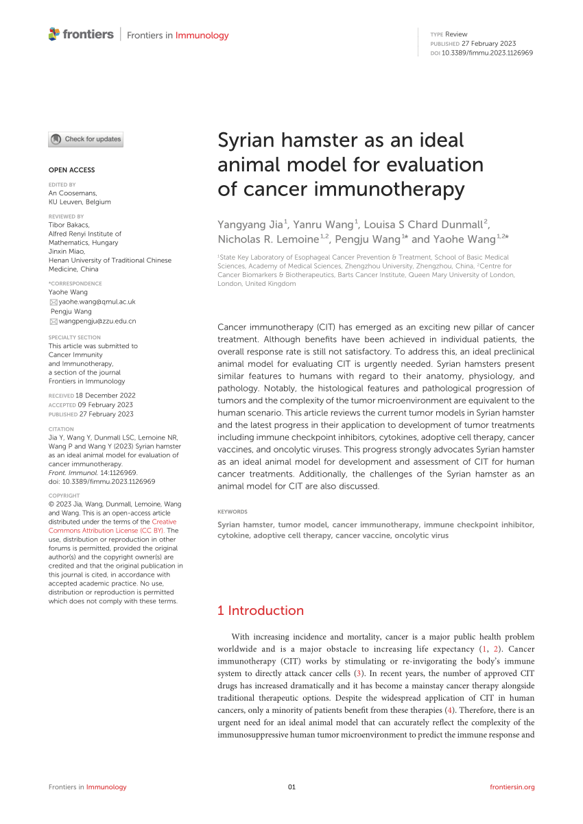 Frontiers  Syrian hamster as an ideal animal model for evaluation of  cancer immunotherapy