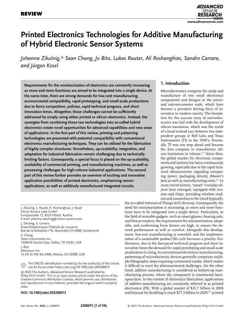 (PDF) Printed Electronics Technologies for Electronic Sensor of Systems Manufacturing Hybrid Additive