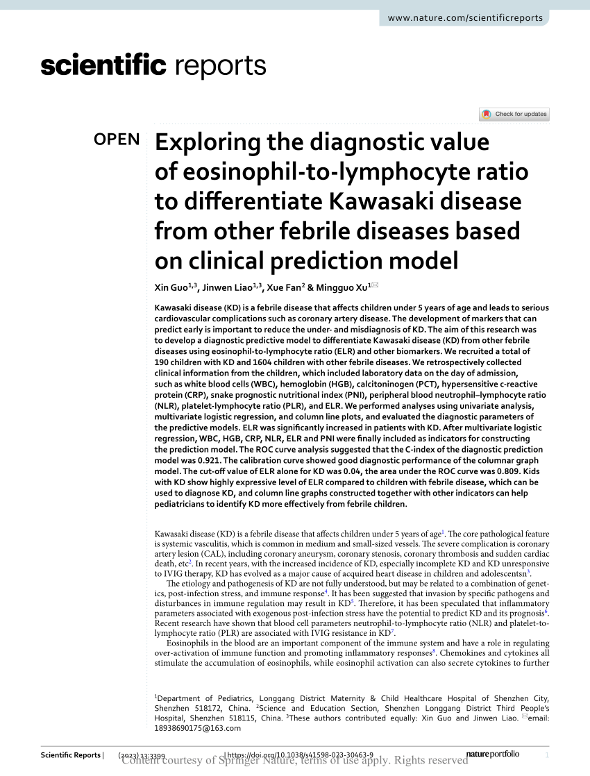 Exploring the diagnostic value of eosinophil-to-lymphocyte ratio to  differentiate Kawasaki disease from other febrile diseases based on  clinical prediction model