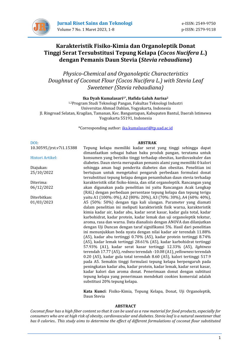 Pdf Karakteristik Fisiko Kimia Dan Organoleptik Donat Tinggi Serat Tersubstitusi Tepung Kelapa 6228