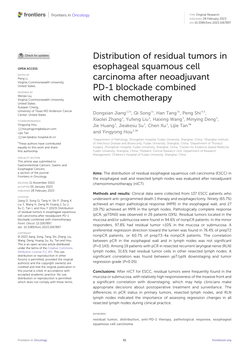 Pdf Distribution Of Residual Tumors In Esophageal Squamous Cell Carcinoma After Neoadjuvant Pd