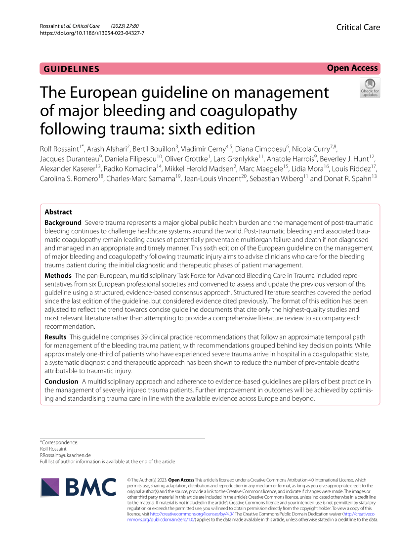 PDF) The European guideline on management of major bleeding and  coagulopathy following trauma: sixth edition