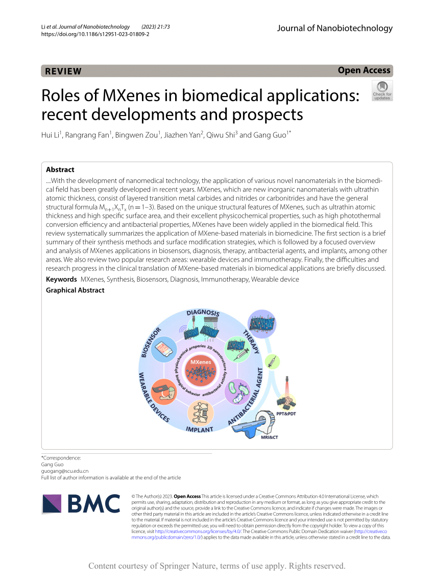 PDF) Roles of MXenes in biomedical applications: recent 