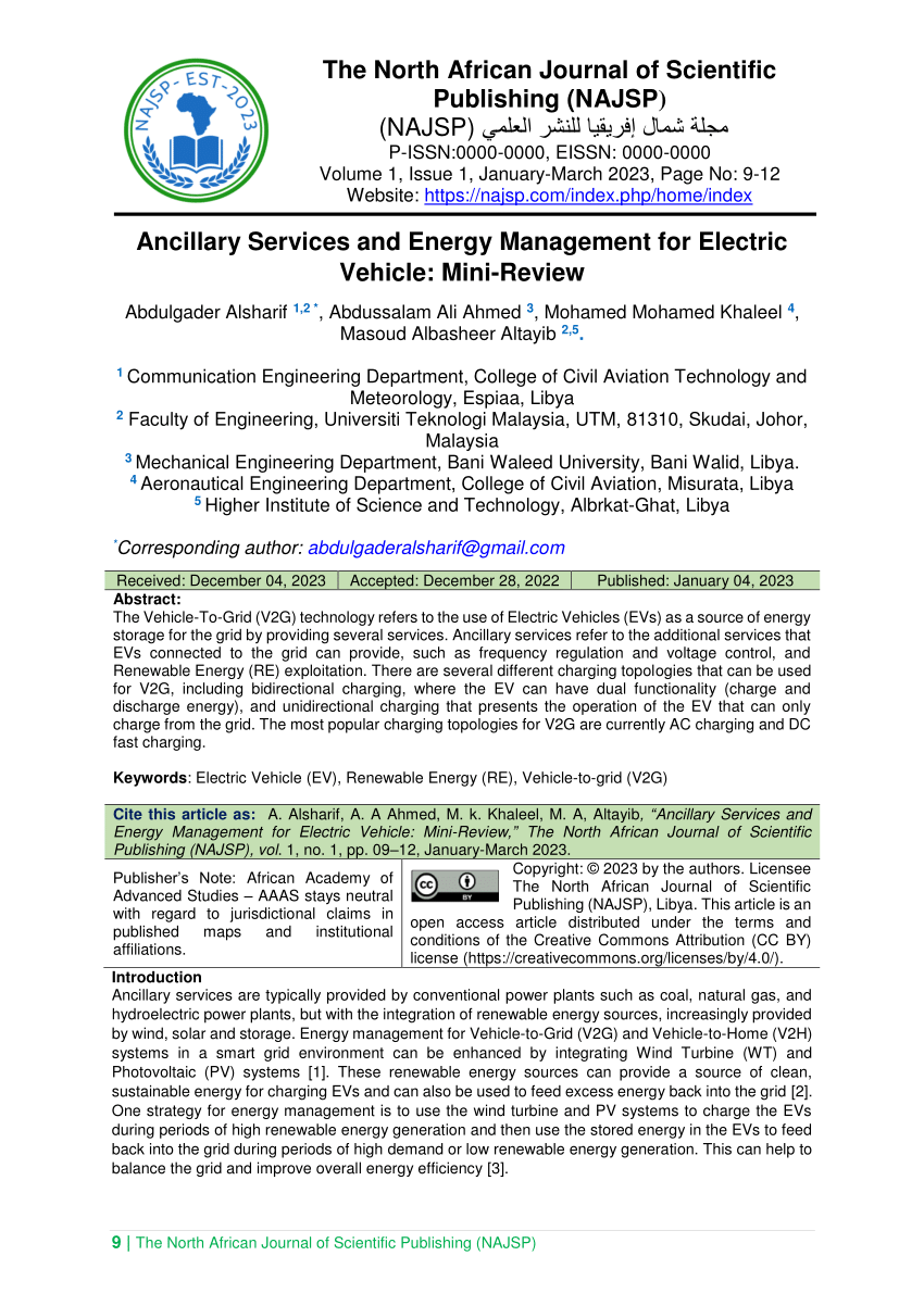 PDF) Ancillary Services and Energy Management for Electric Vehicle