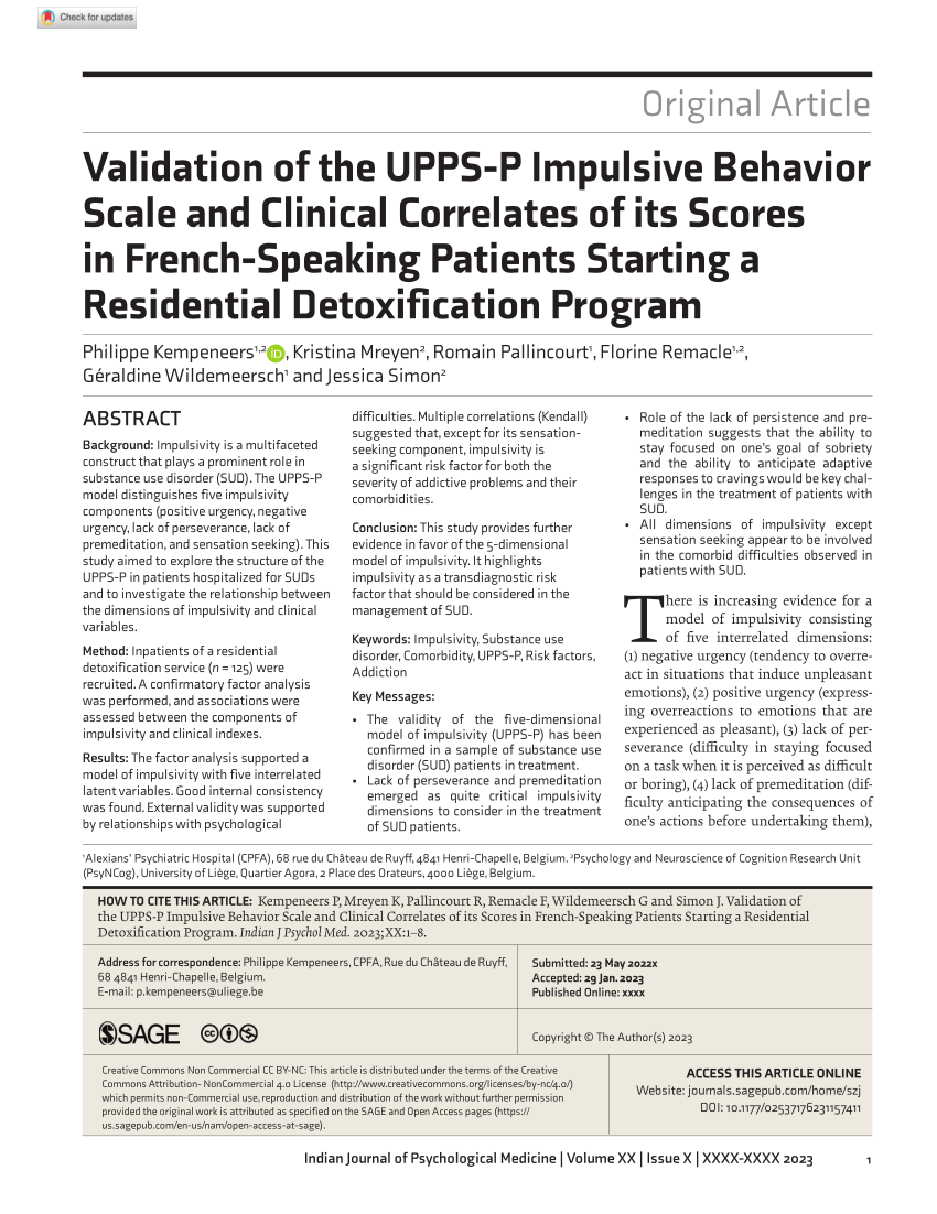 Pdf Validation Of The Upps P Impulsive Behavior Scale And Clinical Correlates Of Its Scores In 7334