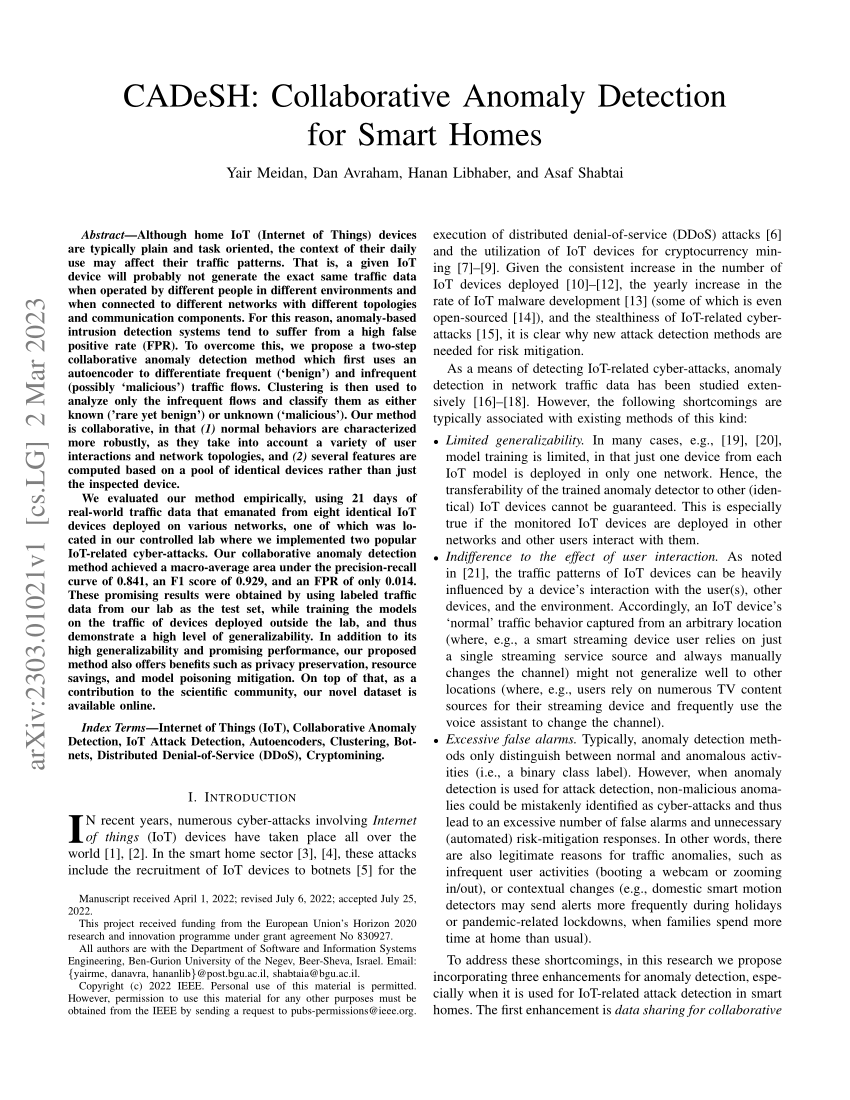 PDF) CADeSH Collaborative Anomaly Detection for Smart Homes