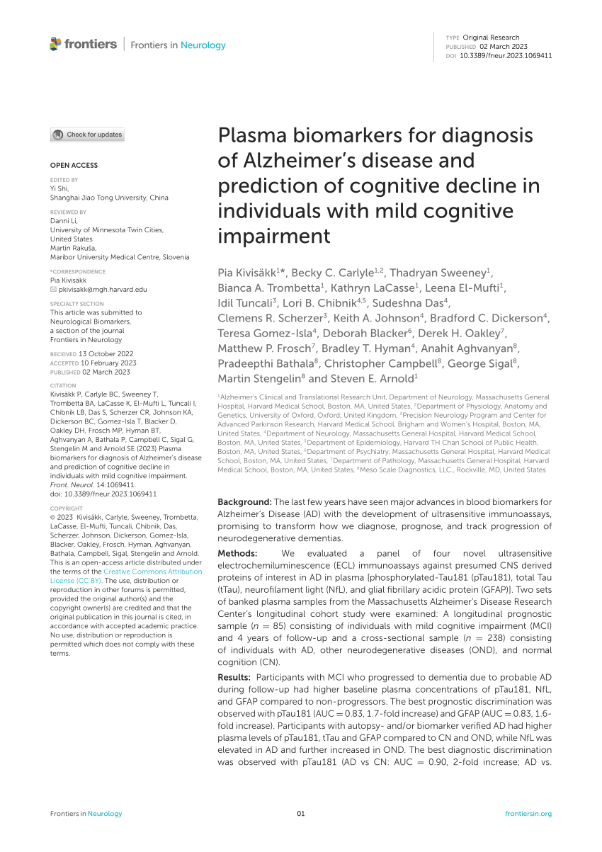 Pdf Plasma Biomarkers For Diagnosis Of Alzheimers Disease And Prediction Of Cognitive Decline 9901