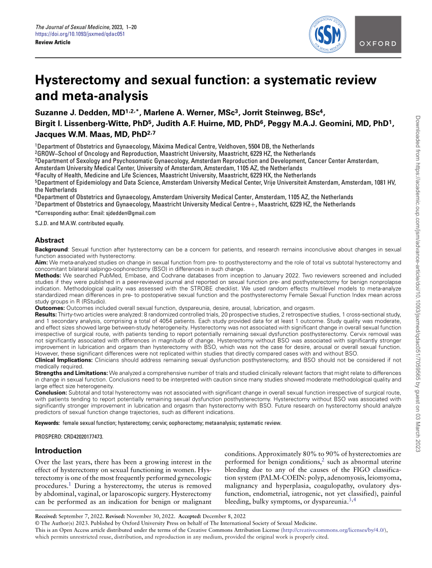 PDF Hysterectomy and sexual function a systematic review and