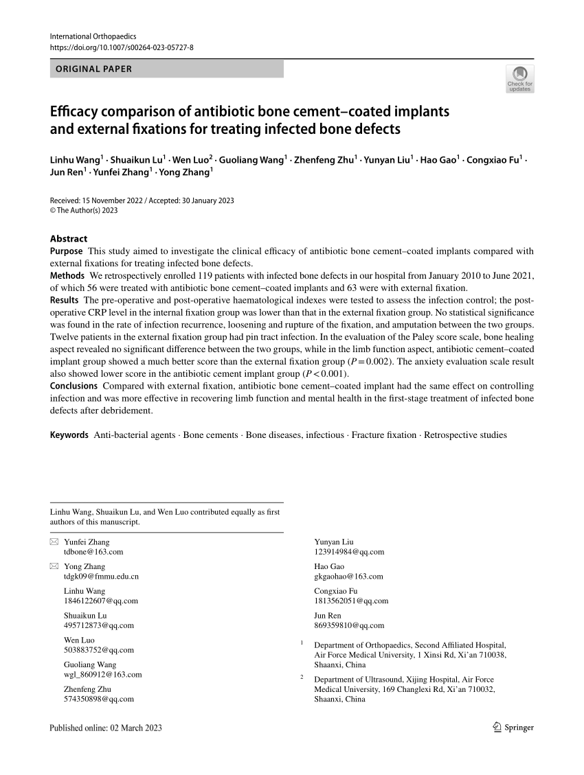 Pdf Efficacy Comparison Of Antibiotic Bone Cement Coated Implants And External Fixations For