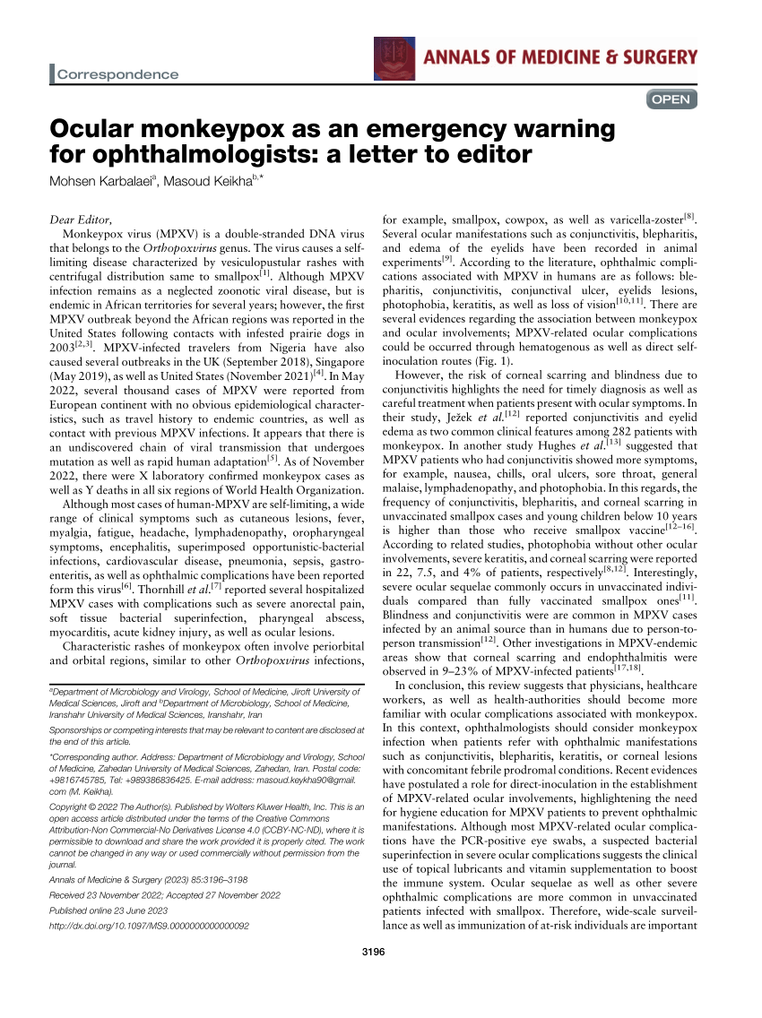 Novel severe oculocutaneous manifestations of human monkeypox virus  infection and their historical analogues - The Lancet Infectious Diseases