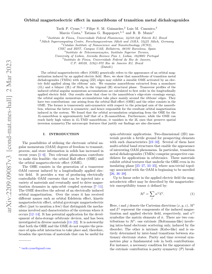 PDF) Orbital magnetoelectric effect in nanoribbons of transition 