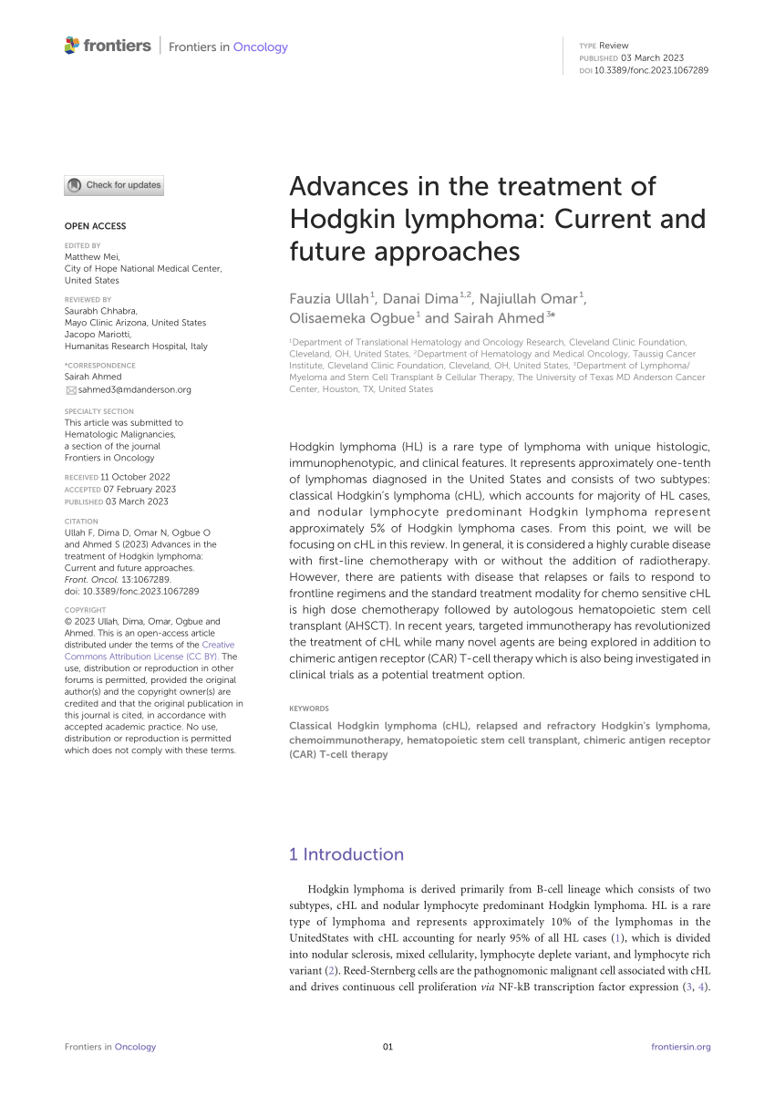 PDF) Advances in the treatment of Hodgkin lymphoma: Current and future  approaches