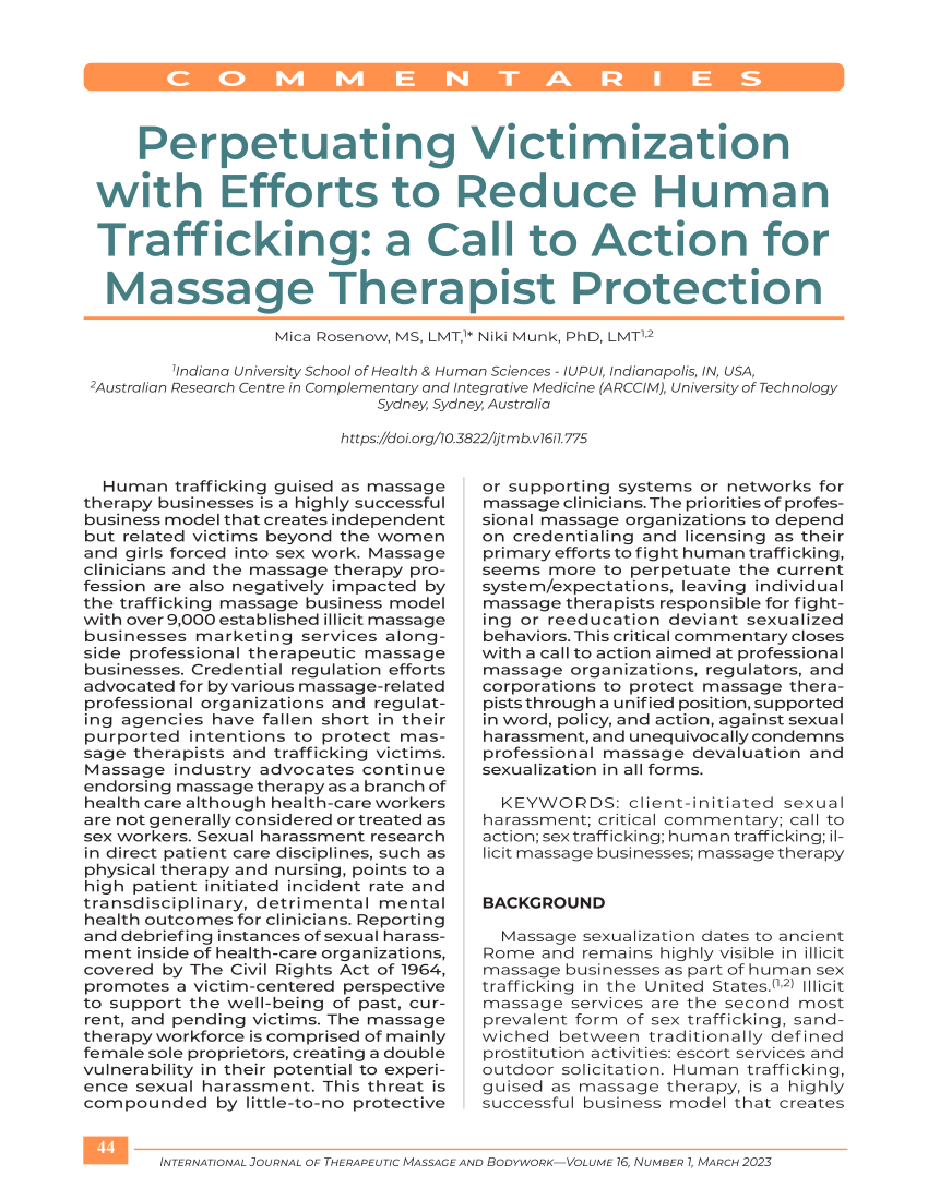 PDF) Perpetuating Victimization with Efforts to Reduce Human Trafficking: A  Call to Action for Massage Therapist Protection