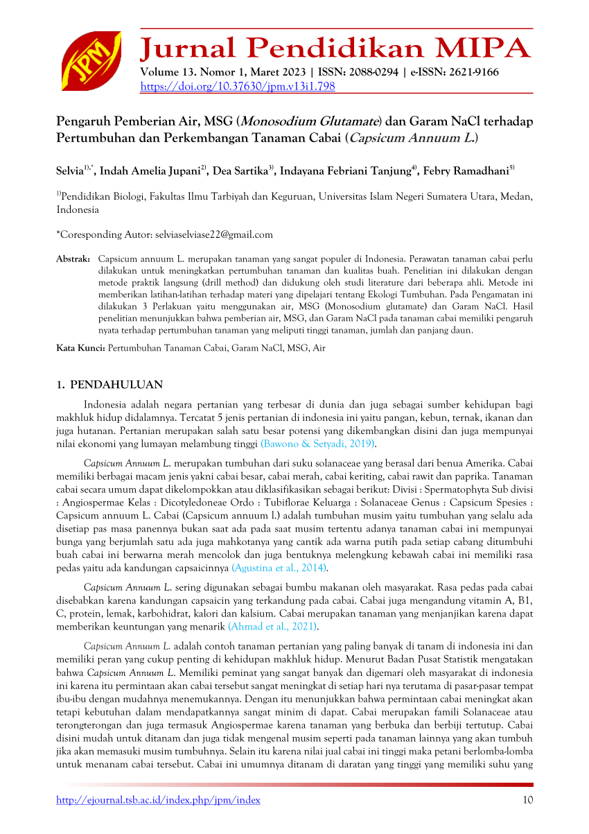 Pdf Pengaruh Pemberian Air Msg Monosodium Glutamate Dan Garam Nacl Terhadap Pertumbuhan Dan 9462