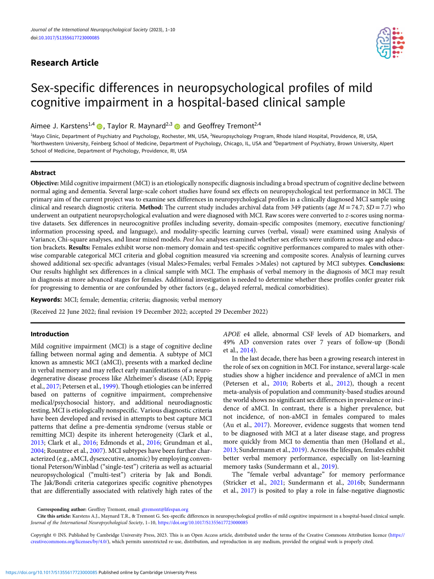 Pdf Sex Specific Differences In Neuropsychological Profiles Of Mild Cognitive Impairment In A
