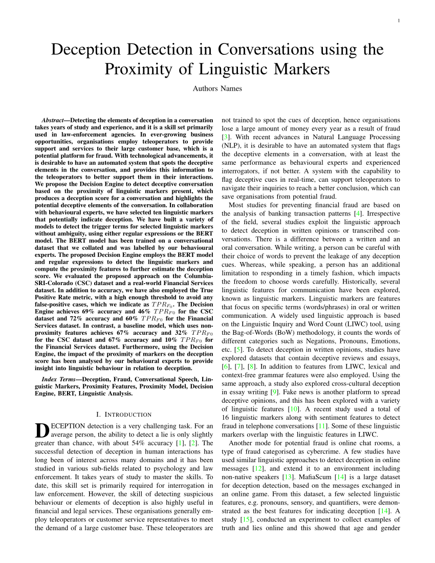 Pdf Deception Detection In Conversations Using The Proximity Of Linguistic Markers 8290