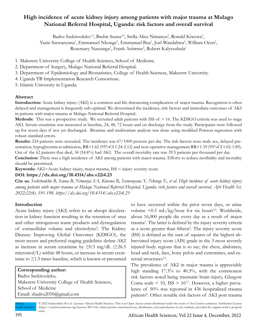 (PDF) High incidence of acute kidney injury among patients with major ...