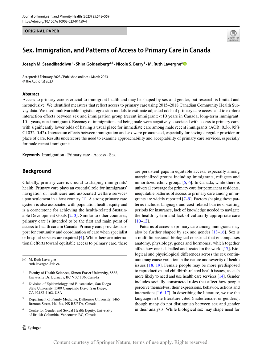 Pdf Sex Immigration And Patterns Of Access To Primary Care In Canada 8683