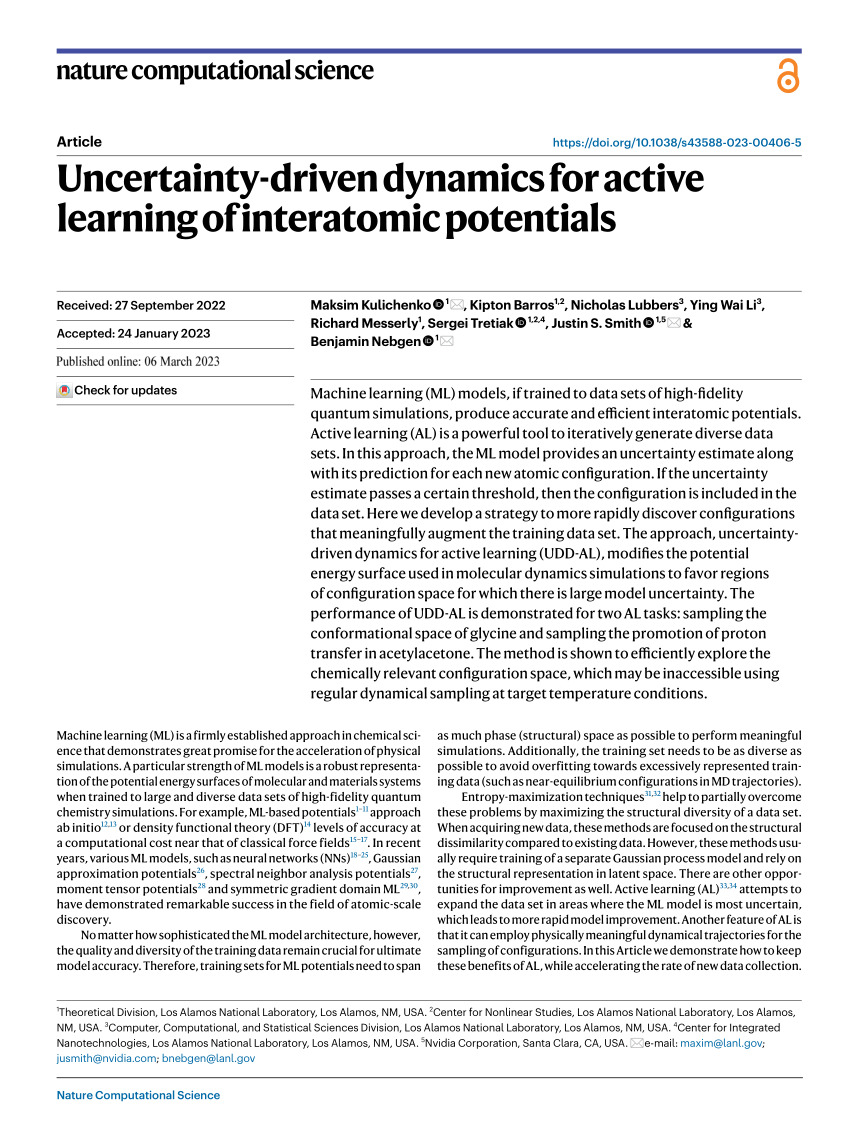 (PDF) Uncertainty-driven dynamics for active learning of interatomic ...