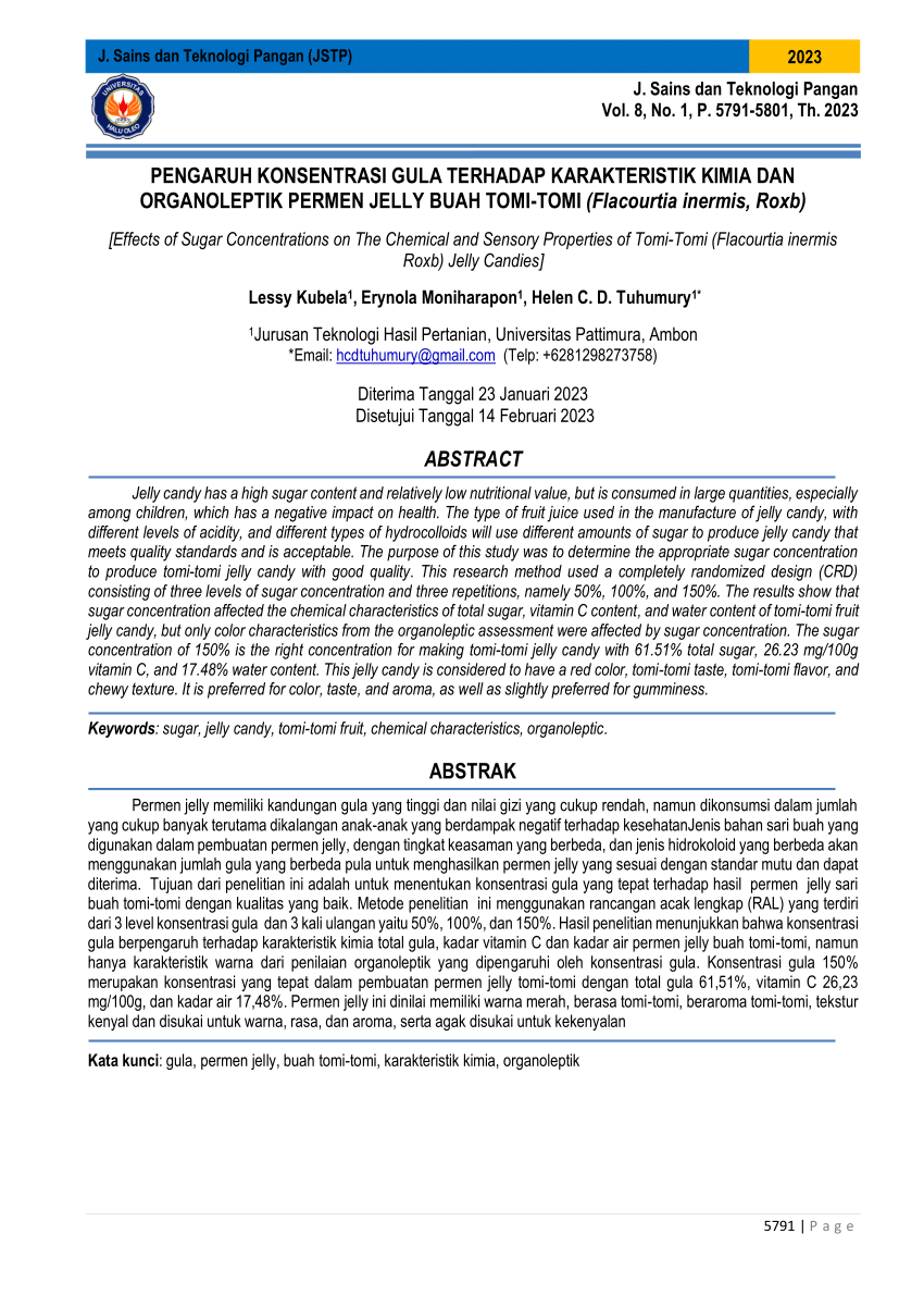 Pdf Pengaruh Konsentrasi Gula Terhadap Karakteristik Kimia Dan Organoleptik Permen Jelly Buah 8101