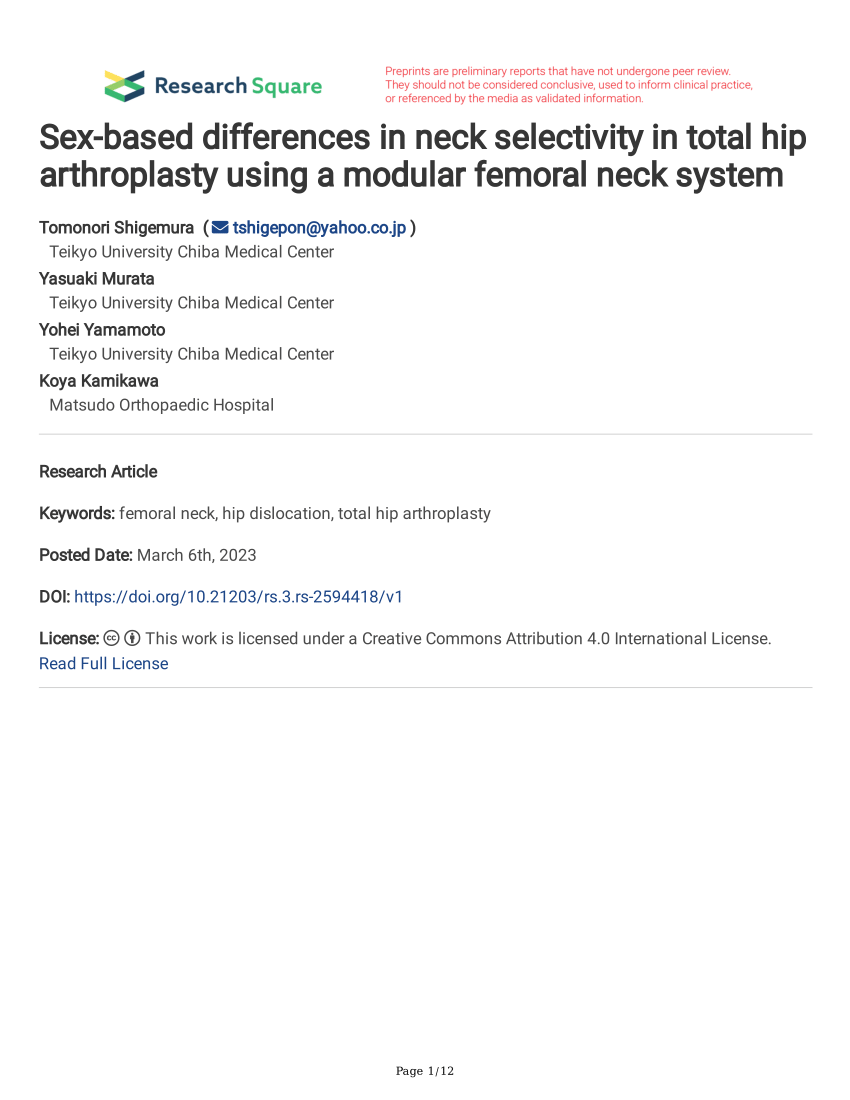 Pdf Sex Based Differences In Neck Selectivity In Total Hip Arthroplasty Using A Modular 4635