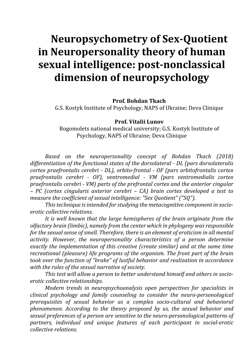 Pdf Neuropsychometry Of Sex Quotient In Neuropersonality Theory Of Human Sexual Intelligence