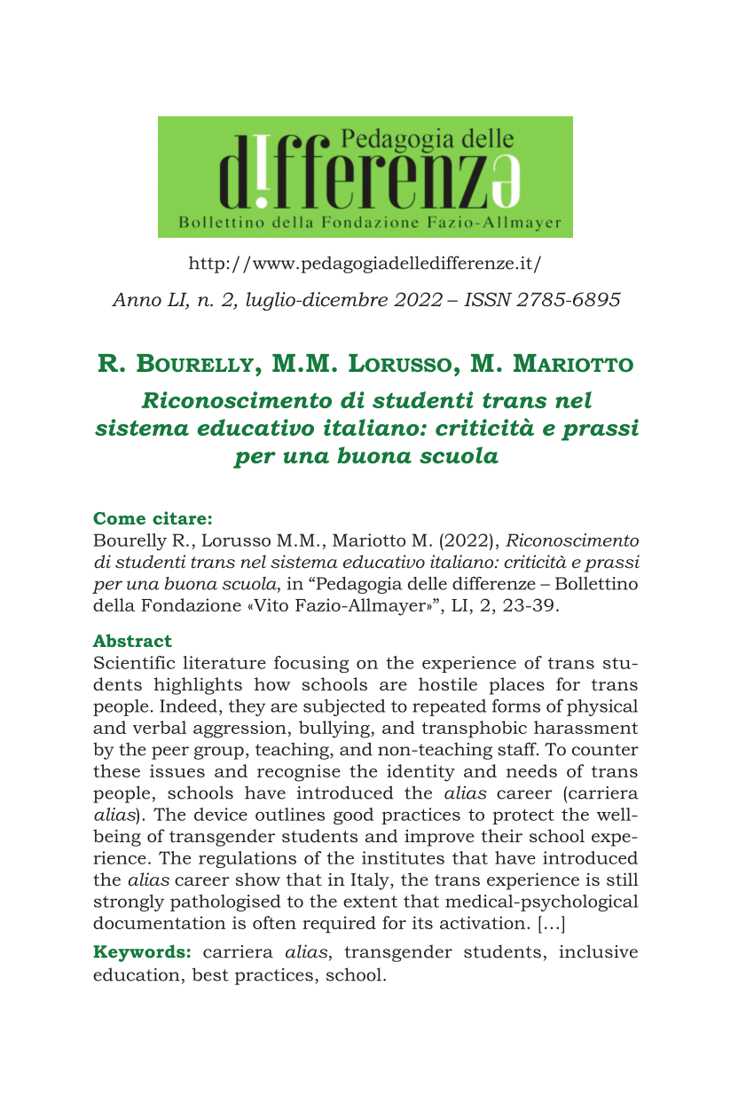 PDF) Riconoscimento di studenti trans nel sistema educativo italiano:  criticità e prassi per una buona scuola