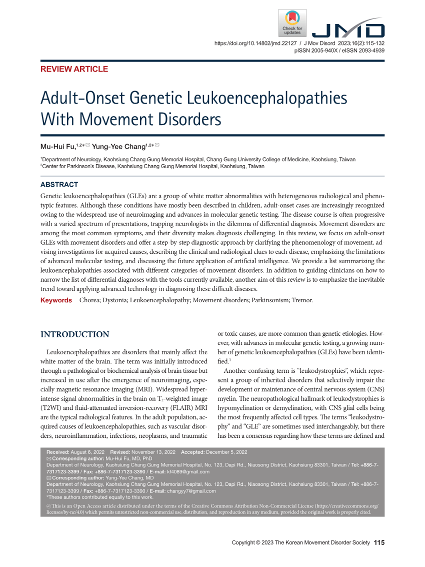 PDF) Adult-Onset Genetic Leukoencephalopathies With Movement Disorders