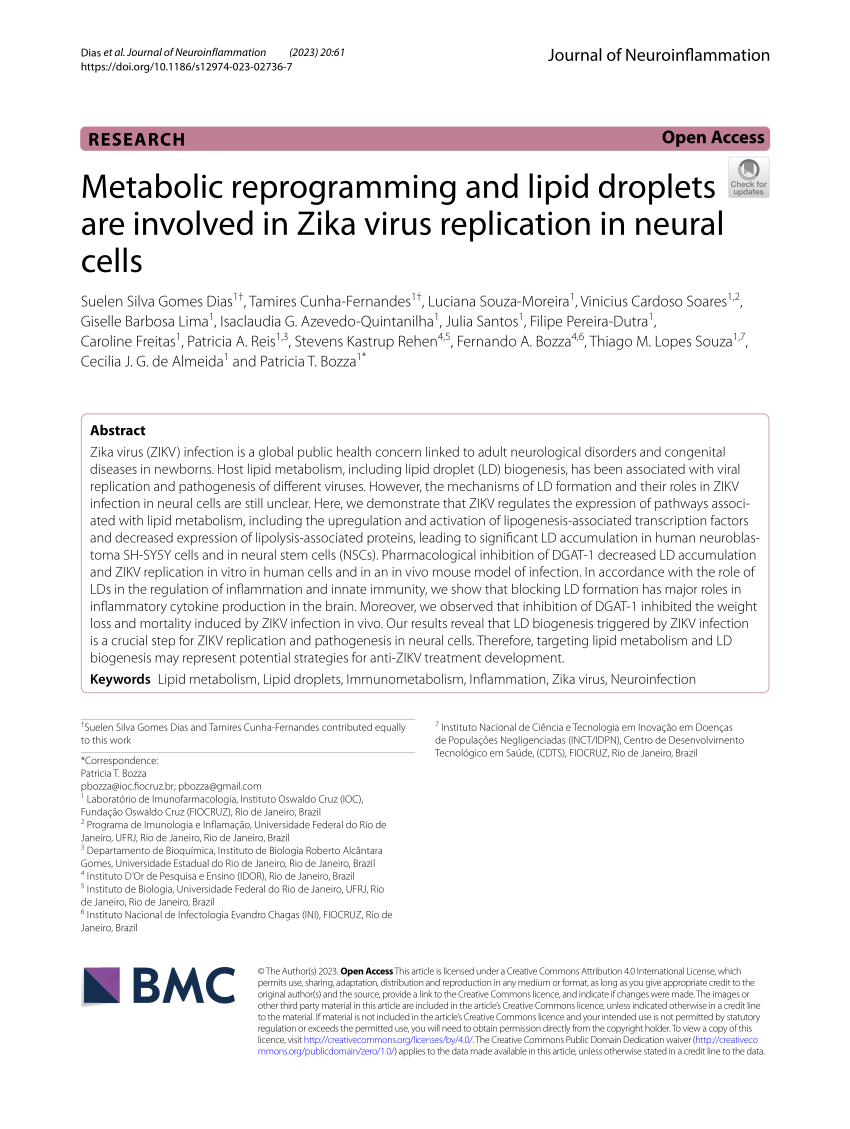 Pdf Metabolic Reprogramming And Lipid Droplets Are Involved In Zika Virus Replication In 2844