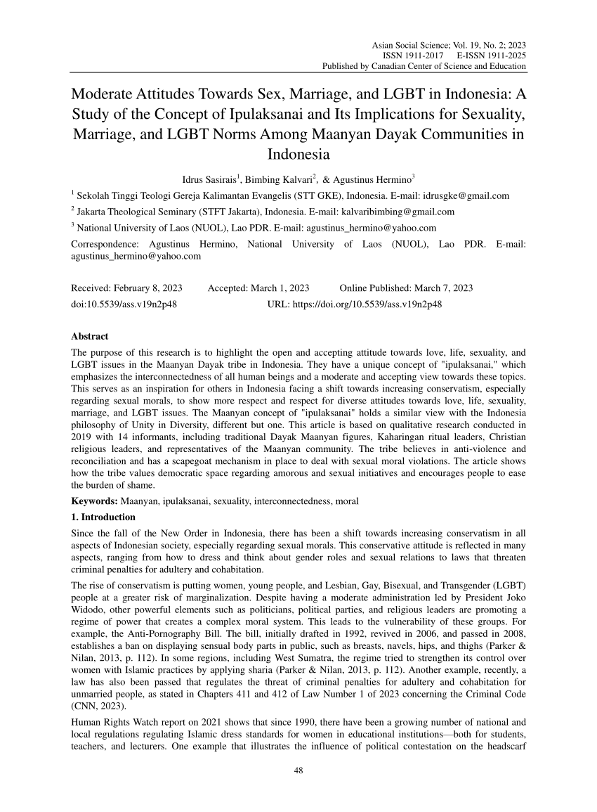 PDF) Moderate Attitudes Towards Sex, Marriage, and LGBT in Indonesia: A  Study of the Concept of Ipulaksanai and Its Implications for Sexuality,  Marriage, and LGBT Norms Among Maanyan Dayak Communities in Indonesia